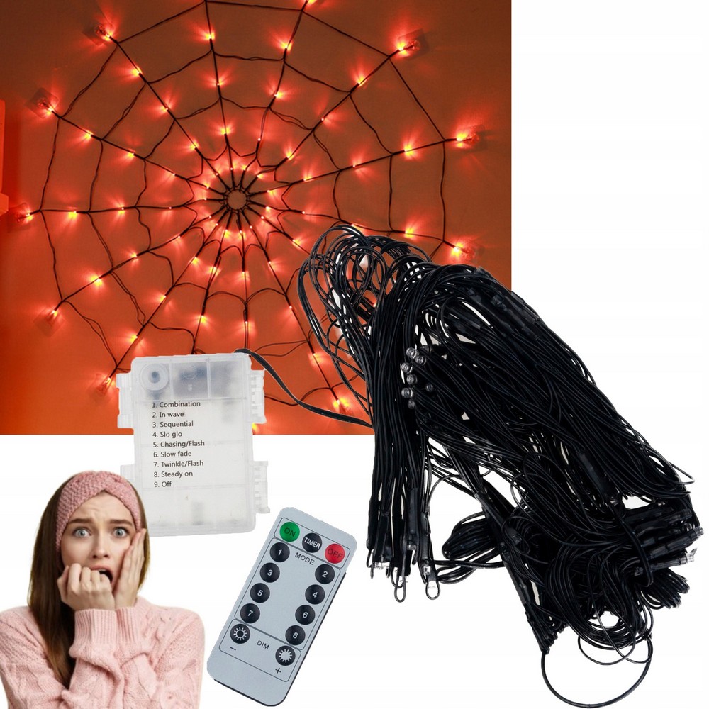 LED Spider Web 70 žiariace halloweenske svetlá s dekoráciou na diaľkové ovládanie